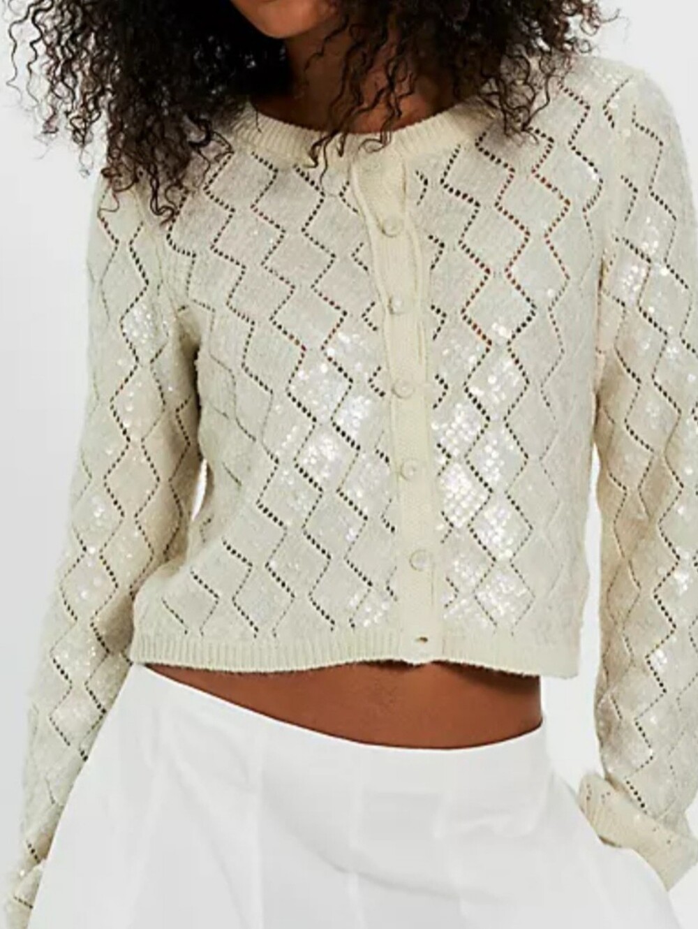 Free People Mermaid Shimmery Sequin-emballished Diamond Knit Cardigan.
